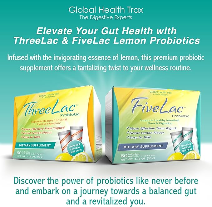 Global Health Trax GHT - FiveLac + Threelac Lemon Probiotic Powder Drink Mix Probiotics for Women Men Kids Smooth Digestive Support &amp Elimination Relieves Constipation &amp Gas - 60 Packets
