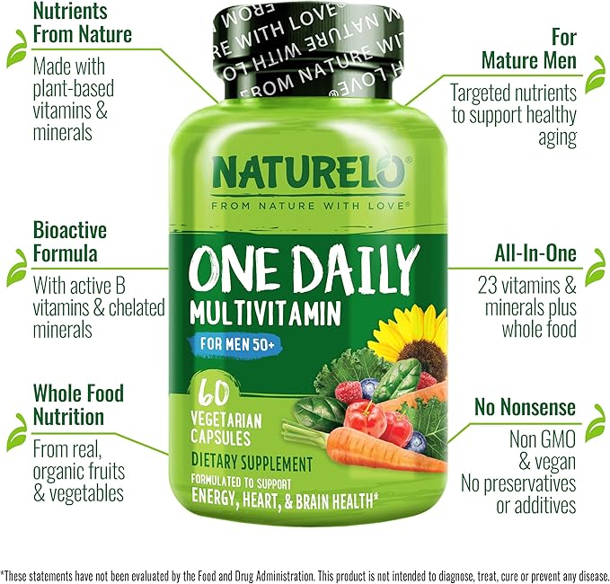 NATURELO Mens Multivitamins for Men 50+ - One Daily Multivitamin for Men with Vitamins Minerals &amp Organic Whole Foods Boost Energy &amp Health Non-GMO 60 Vegetarian Capsules