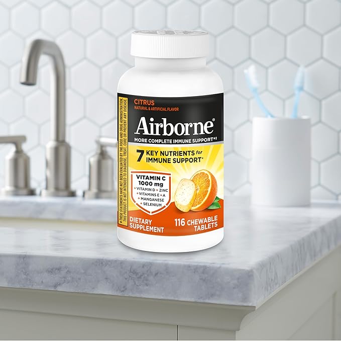 Airborne Vitamin C 1000mg (per Serving) - Citrus Chewable Tablets (116 Count in a Bottle) Gluten-Free Immune Support Supplement with Vitamins A C E Zinc Selenium Echinacea Ginger Antioxidants