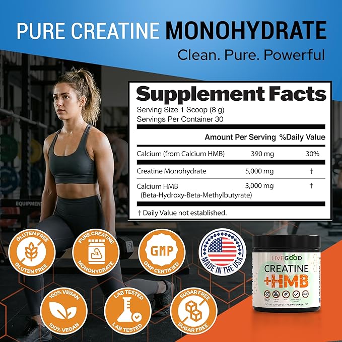 LIVEGOOD Creatine Monohydrate with HMB for Lean Muscle Growth &amp Recovery – HMB Creatine Powder for Men and Women – Unflavored Creatine 30 Servings