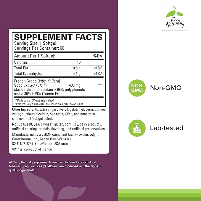 Terry Naturally Clinical OPC Extra Strength - Cardiovascular Health &amp Focus Support - Supplement with Grape Seed Extract - Immune Support Supplement - 60 Softgels (Pack of 3)