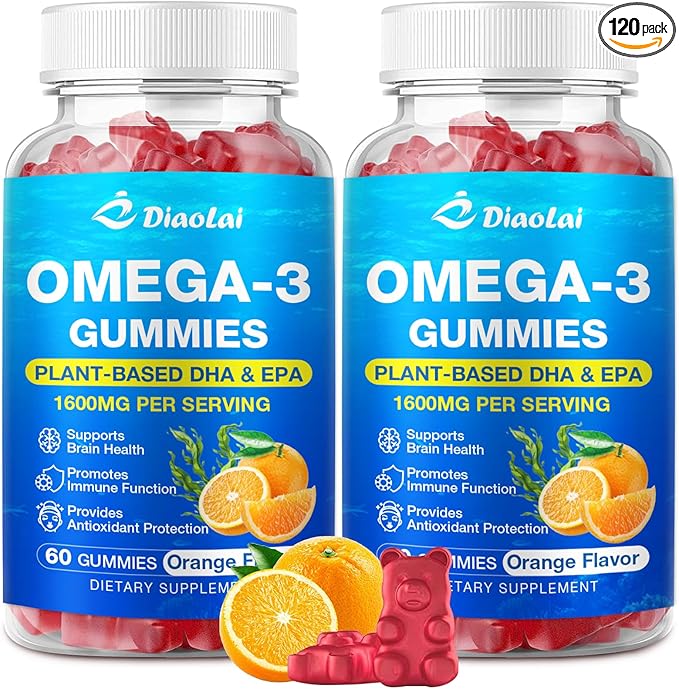 2 Pack Vegan Omega-3 Gummies for Adults – Sugar-Free Algae-Based DHA 600mg &amp EPA 300mg with Vitamins A C E Zinc – Omega 3 Fish Oil Alternative 120 Count