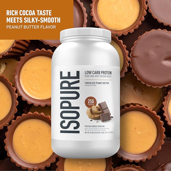 Isopure Low Carb 100% Pure Whey Isolate Protein Powder Gluten Free With Vitamins Chocolate Peanut Butter 25g Protein Per Serving 3 Lbs 40 Servings (Packaging May Vary)