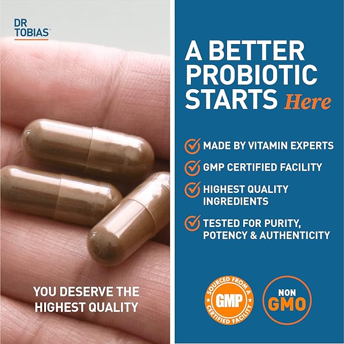 Dr. Tobias Probiotics 30 Billion 10 Strains 30 Billion CFU's Targeted Release Probiotics for Women &amp Men Supports Digestive Health Shelf-Stable Non-GMO 60 Capsules 60 Servings