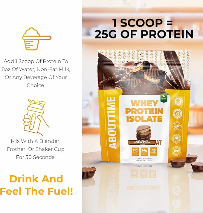 About Time Whey Protein Isolate Powder 24g Chocolate Peanut Butter Natural Ingredients Non-GMO Gluten-Free Lactose-Free Zero Sugar Low Carb 32 Servings