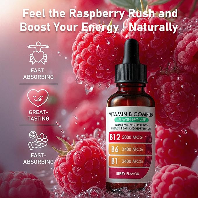 Vitamin B12 Complex with B1 B6 Vitamin B12 Raspberry Liquid Supplement Essential Vitamin 5-in-1 Vitamin B Complex Liquid Drops Brain Function Focus and Natural Energy Support (2PCS)