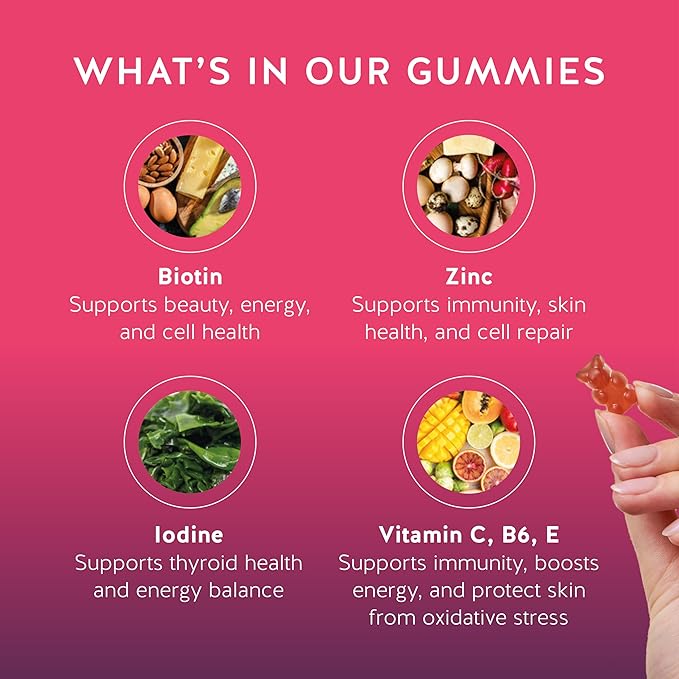 Biotin Gummies for Hair Skin &amp Nails. 5000 mcg High Potency Vegan Vitamins for Faster Hair Growth Stronger Nails &amp Healthy Skin. with Vitamins C &amp E 60 Gummies