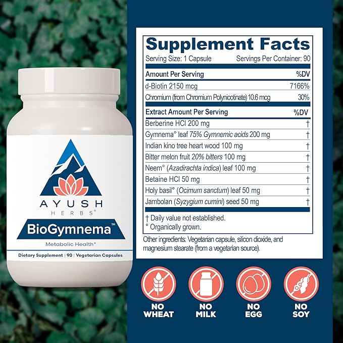 Ayush Herbs BioGymnema - Metabolic Vitamin &amp Herb Blend Metabolic Health Supplement for Women &amp Men with Biotin Berberine Bitter Melon &amp Gymnema Nutrient Support - 90 Vegetarian Capsul