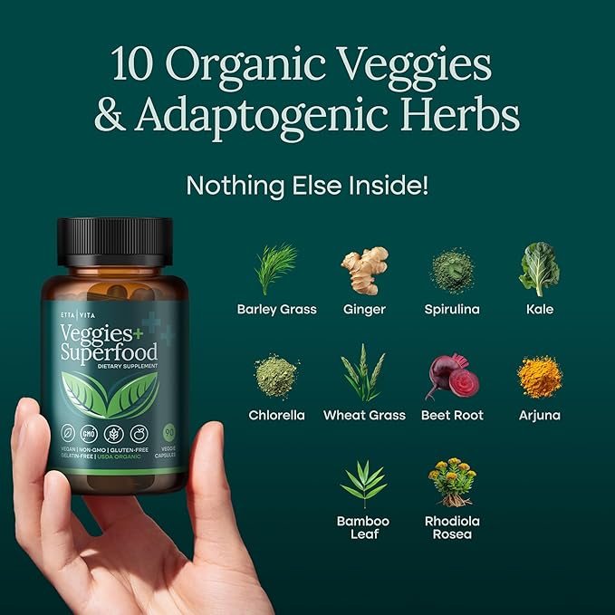 100% Organic Fruits and Veggies Supplement (USDA Organic - Made in USA) 180 Potent Fruits and Vegetable Capsules for Energy Boost &amp Daily Fruit and Vegetable Vitamins - Vegan Non-GMO Gluten-Free