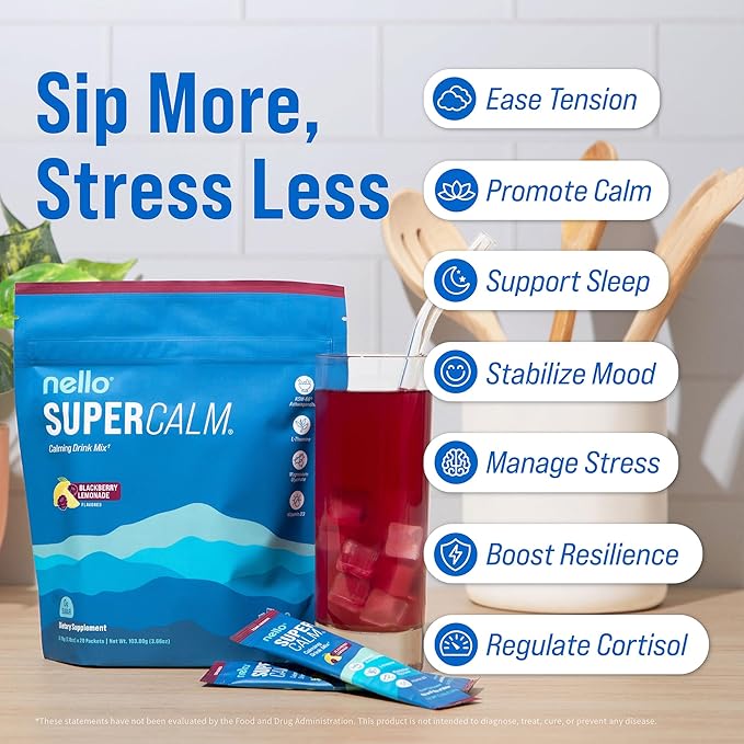 Nello Supercalm Powdered Drink Mix Cortisol Reducer* Sleep Aid Supplement L Theanine Ksm-66 Ashwagandha Magnesium Glycinate Vitamin D 3 No Sugar Non GMO 20 Ct BlackBerry Lemonade