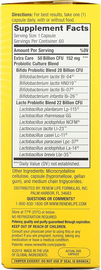 Renew Life Extra Care Ultimate Flora Probiotic 50 Billion Go Pack 60 Ct