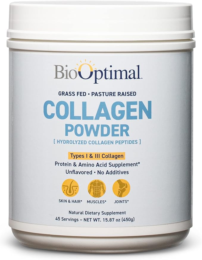 BioOptimal Collagen Peptides Powder - Grass-Fed Pasture-Raised Hydrolyzed Protein Supplement for Skin Hair &amp Nails - Non-GMO Zero Sugar Daily Supplement for Men &amp Women (45 Servings)