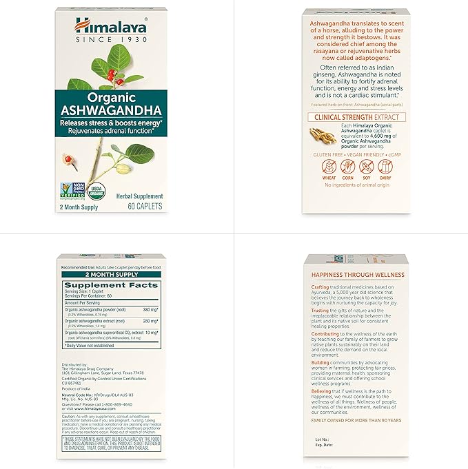 Himalaya Organic Ashwagandha Root 120 Day Supply - Herbal Adrenal Support Supplements for Stress Relief and Energy Support - USDA Organic Non-GMO Vegan Gluten Free 60 Caplets 2 Pack