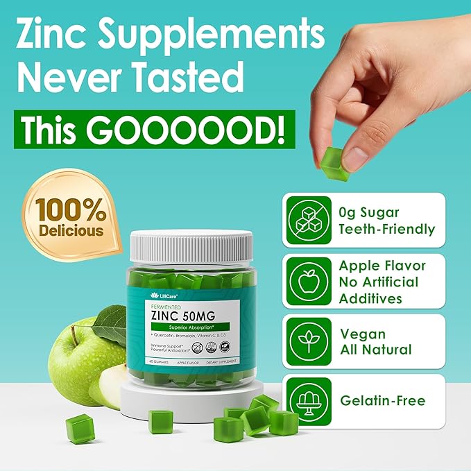 Fermented Zinc Gummies 50mg Quercetin Bromelain Vitamin C &amp D3 Superior Absorption Zinc Supplements for Women &amp Men Immune Powerful Antioxidant Zinc Picolinate Alternaitive Sugar Free