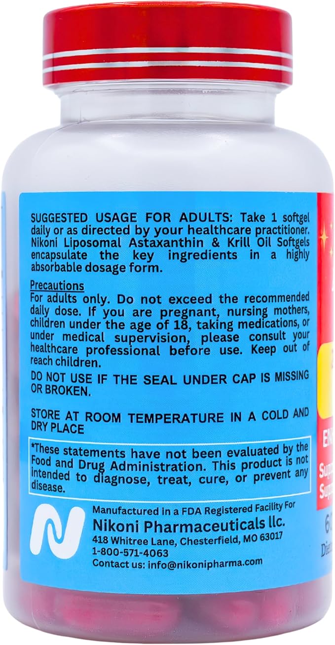 Nikoni Liposomal Astaxanthin 24mg with Kril Oil 500mg Supplement 120 softgels