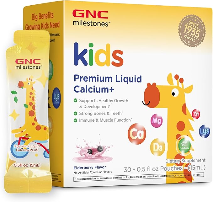 GNC Milestones Kids Premium Liquid Calcium+ Supplement Supports Healthy Growth &amp Development Strong Bones &amp Teeth for Kids 3 &amp Above Elderberry Flavor 30 Count