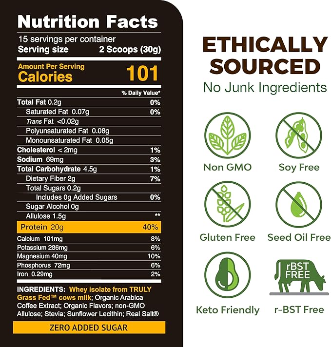 MariGold High Protein Coffee - Iced Vanilla Latte 20g Grass-Fed Whey Protein Isolate Energy &amp Workout Boost 2 Shots Organic Espresso Non-GMO 1 Net Carb 1 Lb Bag 15 Servings
