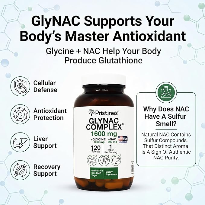 PRISTINE'S GlyNAC Complex Glutathione Production Supplement Tablets - 3rd Party Tested Anti Aging Sleep Quality &amp Cognitive Support Supplement - Glycine &amp NAC Gluten Free Non GMO USA Made