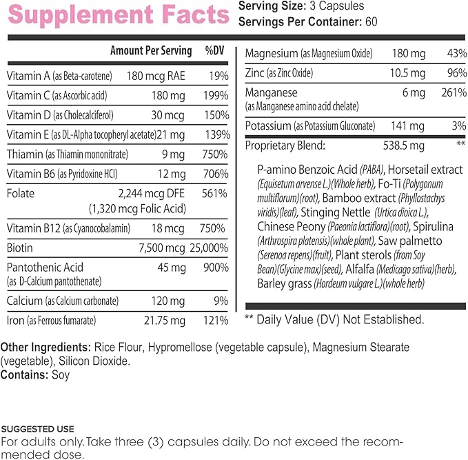 Lumen Naturals Hair Skin &amp Nails for Women – with Biotin Folate Vitamins B6 B12 A C D &amp E – 180 Capsules – 60 Servings – Non-GMO Gluten-Free Sugar Free