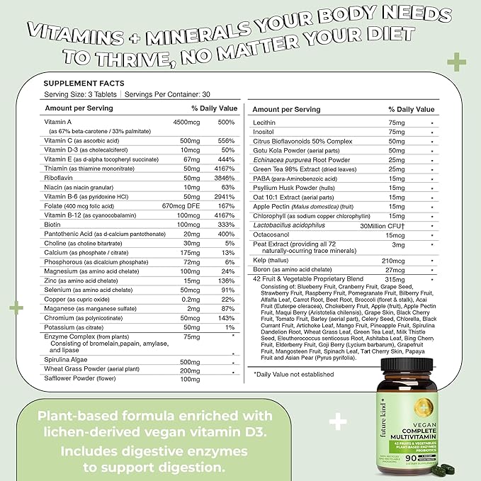 Future Kind Vegan Multivitamins Complete - 42-in-1 Vegan Multivitamins for Women &amp Men with Enzymes B12 Zinc &amp Probiotics for Digestion (90 tabs in Recycled Bottle)