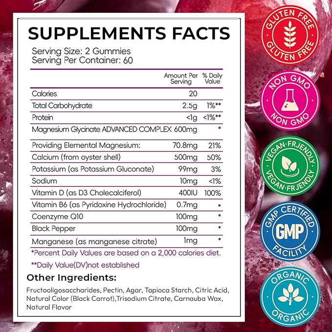 Magnesium Glycinate Gummies 600mg Sugar Free Chewable Magnesium Gummies with Black Currant for Men &amp Women Supports Evening Routine &amp Inner Balance No Melatonin Vegan 60 Days Supply