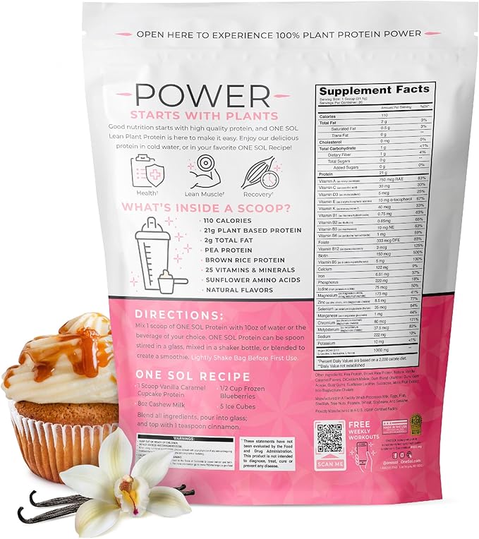 One Sol Lean Plant Protein Powder Pea &amp Brown Rice Protein Low Carb Vegan Friendly - Gluten Lactose &amp Soy Free - No Added Sugar Non-GMO Clean Nutrition No Bloating (Vanilla Caramel Cup