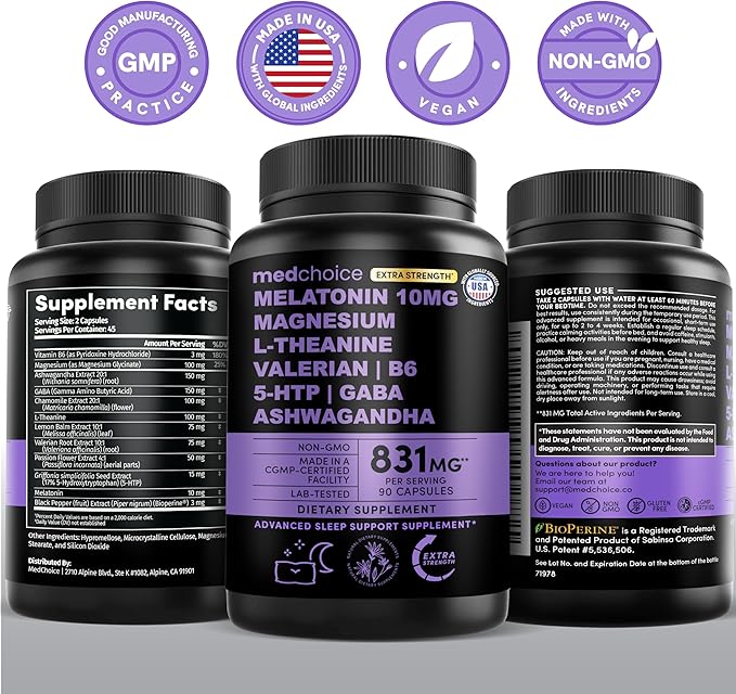 12-in-1 Melatonin Sleep Capsules - 10mg Melatonin Extra Strength with Magnesium and Balanced Blend of Ashwagandha GABA Chamomile Extract L-Theanine &amp Valerian Root 10:1 Extract (90ct Pack of 2