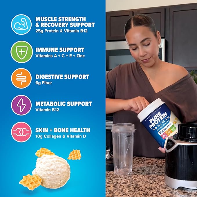 Pure Protein All-In-One Powder Vanilla - Whey &amp Collagen High Fiber Vitamins No Added Sugar Non-GMO Gluten-Free 1.25lb
