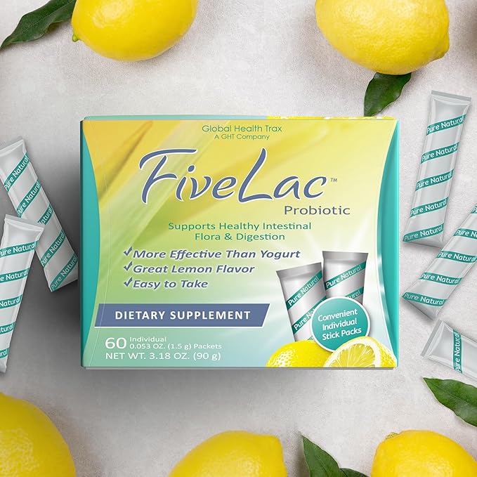 Global Health Trax GHT - FiveLac Lemon Probiotic Powder Drink Mix Probiotics for Women Men Kids - Smooth Digestive Support &amp Elimination – Relieves Constipation &amp Gas - 60 Packets (4 Pack)