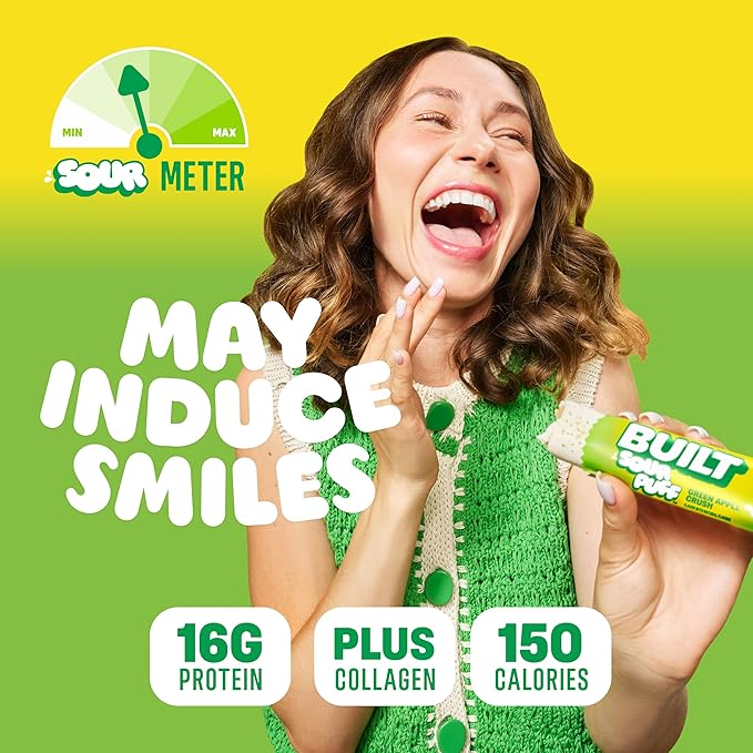 BUILT Bar Sour Puff Protein Bars - Green Apple Crush - 16g Protein Snack Bars with Collagen - Calorie Conscious &amp Gluten Free - 12 Count