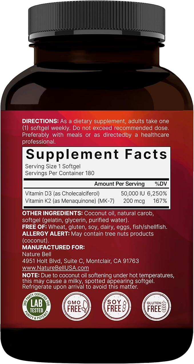 NatureBell Vitamin D3 50000 IU with Vitamin K2-180 Softgels - High-Potency Bone &amp Immune Support* - Easy Absorption with Coconut Oil - Non-GMO &amp Gluten-Free