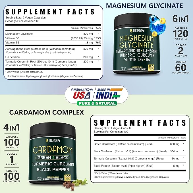 Bundle 6in1 Magnesium Glycinate Ashwagandha &amp 4in1 Cardamom Capsules for Restful Night Relaxation Digestion Heart Health &amp Natural Wellness