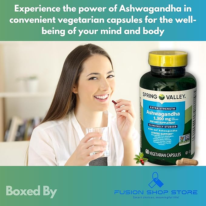 Ashwagandha ksm 66 1300mg- Capsules Extra Strength 60ct (Pack of 1) Boxed By Fusion Shop Store