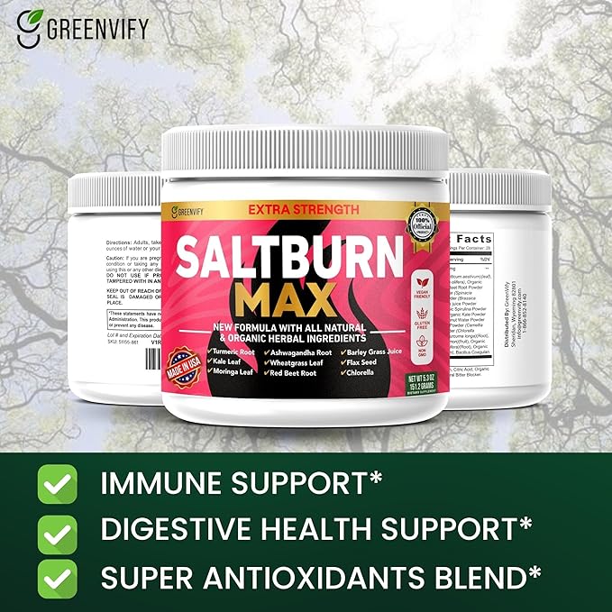 SaltBurn Max Extra Strength Natural Supplement with Organic Herbal Ingredients Turmeric Moringa Wheatgrass 28 Servings 6.3 oz (3)