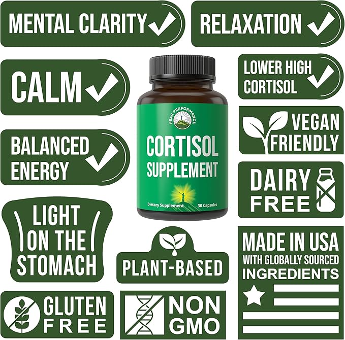 5-in-1 Cortisol Supplement for Women &amp Men. Lower High Cortisol with Ashwagandha Rhodiola Rosea L-Theanine Phosphatidylserine Magnolia Bark. Calm Relaxation Balanced Energy Vegan Supplements