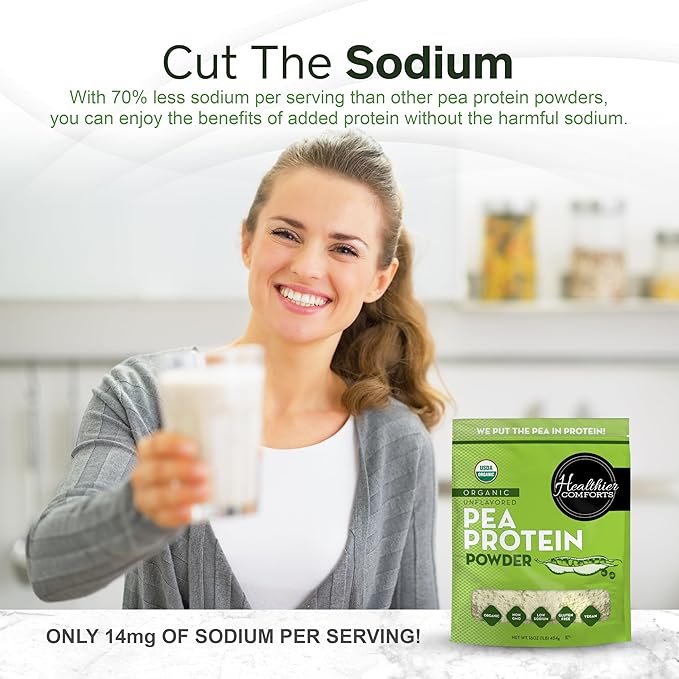 Healthier Comforts Organic Unflavored Pea Protein Powder - Low Sodium (1 lb.) | USA Grown and Processed | 100% Plant Based Protein | Kosher Gluten Free Non-GMO Keto Friendly (16oz)