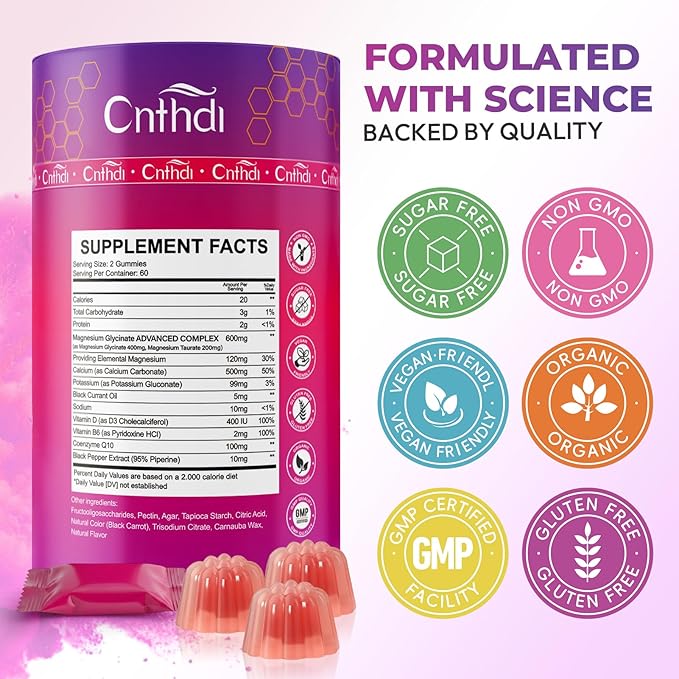 Magnesium Glycinate Gummies 600mg High Absorption Magnesium Supplement with CoQ10 D3 B6 Pure Sugar Free Chewables Gummies for Women &amp Men Support Relax Stress Muscle &amp Bone Raspberry 1