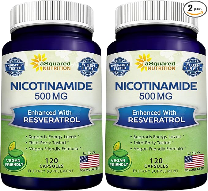 aSquared Nutrition Nicotinamide with Resveratrol - 120 Veggie Capsules - Vitamin B3 500mg (Niacinamide Flush Free) - Supplement Pills to Support NAD Skin Cell Health &amp Energy (Pack of 2)