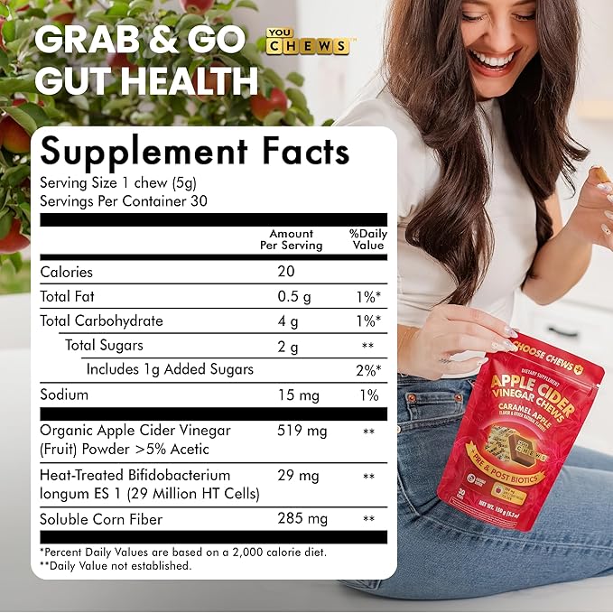 Apple Cider Vinegar Chews – 500 Mg Organic Apple Cider Vinegar Gummies with Prebiotics &amp Postbiotics | Gut Balance Support | Low Sugar Apple Cider Gummies | Caramel Flavor | 30 Chews Pack