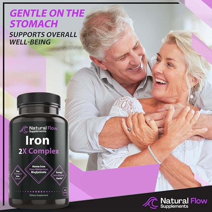 Iron Supplement 2-in-1 Complete Complex - Natural Flow 2X Heme and Chelated Non Heme Iron Bisglycinate Folate B and Vitamin C for Anemia and Blood Building Support Gentle on Stomach 60 Caps (60)