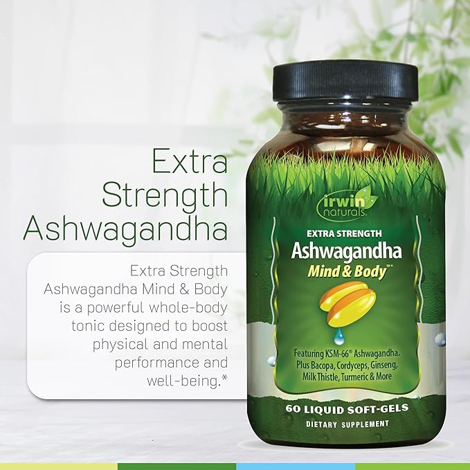 Irwin Naturals Extra Strength Ashwagandha Mind &amp Body – 60 Liquid Soft-Gels - 2 Pack