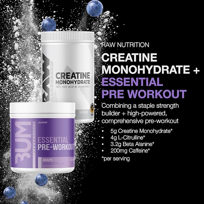 RAW Nutrition Creatine Monohydrate &amp Grape Pre-Workout Powder Bundle