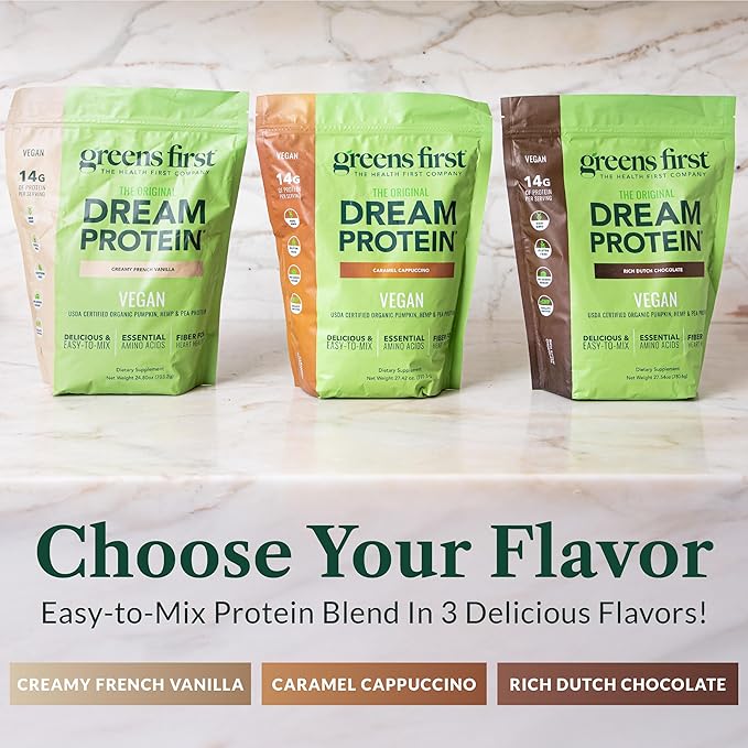 Greens First Dream Protein Plant-Based Vegan Powder - USDA Organic Pumpkin Hemp &amp Pea Protein - Gluten-Free Non-GMO No Added Sugar (Creamy French Vanilla 24.8 oz)