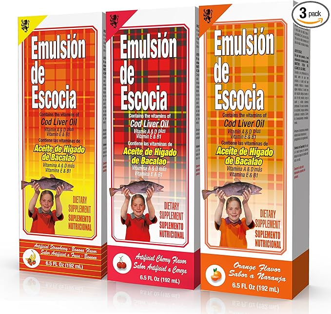 Emulsion de Escocia Cod Liver Oil Liquid for Kids – Cherry Orange &amp Strawberry Banana – Omega 3 Vitamins A D E &amp B1 – Dietary Supplement – 6.5 Fl Oz | 3-Pack