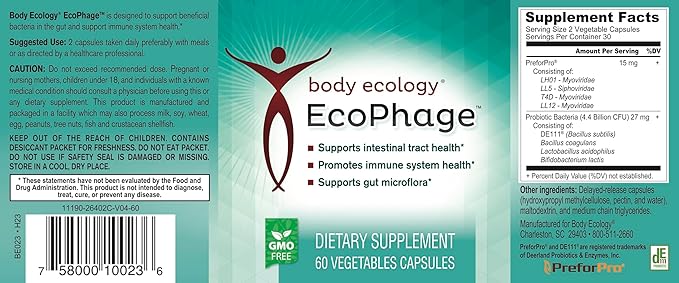 Body Ecology EcoPhage | Bacteriophage Prebiotic and Probiotic Supplement | Promotes Healthy Immune and Supports Healthy Intestinal Tract | 60 Vegetarian Count