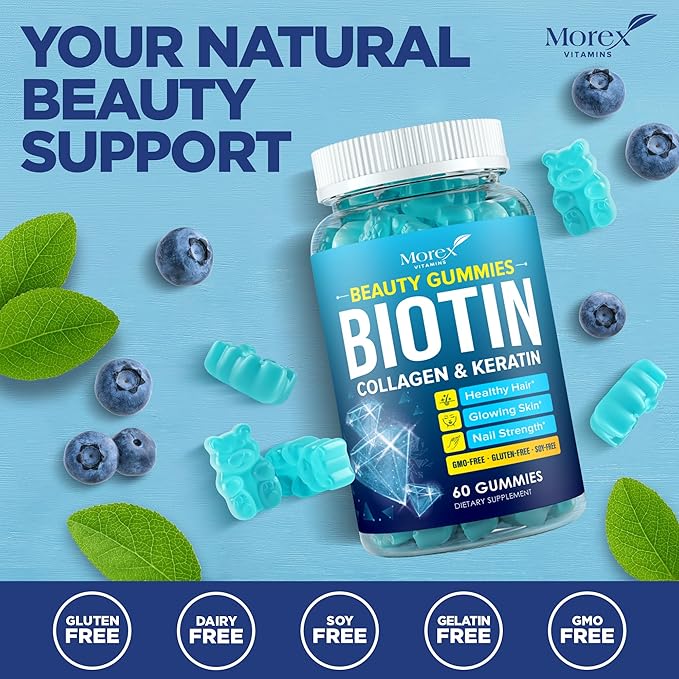Biotin Gummies with Collagen &amp Keratin - Hair Growth Support Skin and Nail Strength Vitamins for Women &amp Men - Vitamin B7 + B-Complex MSM Bamboo Extract - Beauty Chew Supplement - 60 Gummy