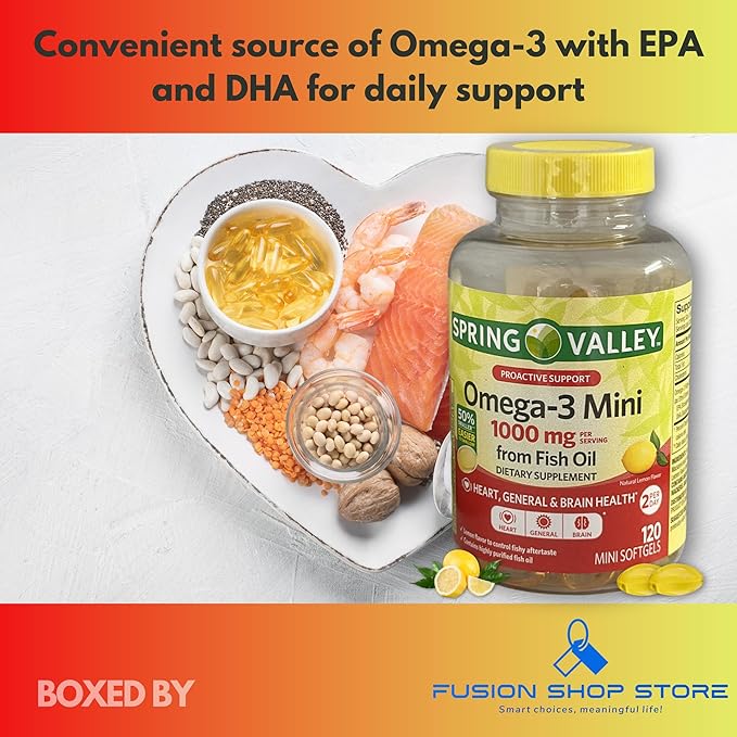 Omega 3 mini 1000mg- Fish Oil Softgels Natural Lemon falvor 120ct (Pack of 1) Boxed by Fusion Shop Store