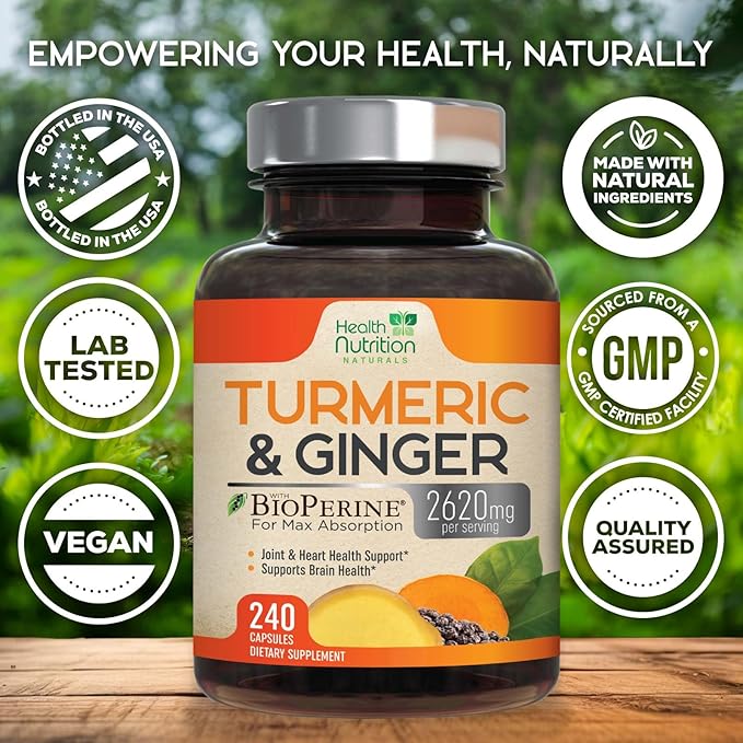 Turmeric Curcumin Supplement - 2000mg Organic Turmeric &amp 400mg Organic Ginger per Serving - 95% Curcuminoids &amp BioPerine Black Pepper for Best Absorption &amp Joint Support Bottled in USA -