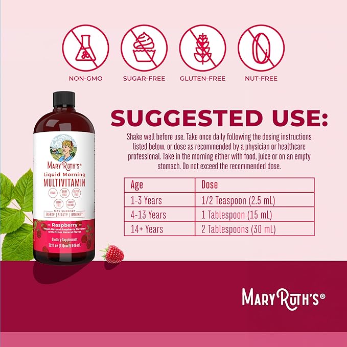 MaryRuth's Liquid Morning Multivitamin Raspberry (32oz) &amp Iron Liquid Supplement (Berry) | Clean Label Project Verified® | Vegan Non-GMO Sugar-Free | Energy Beauty &amp Overall Health