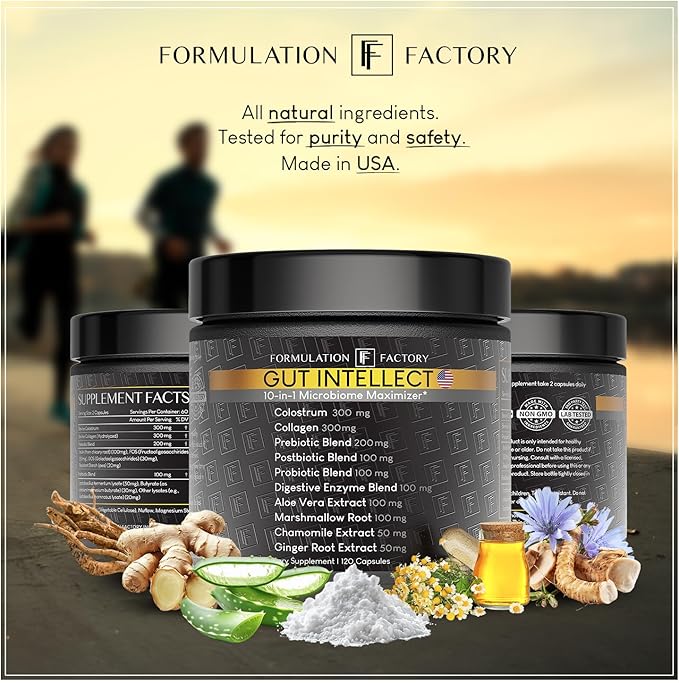 Formulation Factory Probiotics for Women &amp Men - Gut Intellect 10-in-1 Digestive Enzymes with Prebiotics and Postbiotics - Total Gut Health Supplement - 120 Capsules 2 Month Supply
